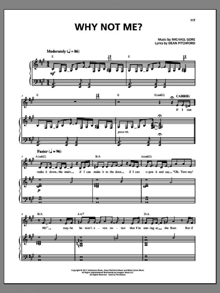 Why Not Me? (from Carrie The Musical) sheet music for voice and piano by Dean Pitchford and Michael Gore, intermediate skill level