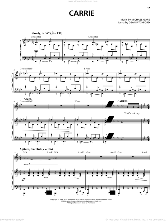 Carrie (from Carrie The Musical) sheet music for voice and piano by Dean Pitchford and Michael Gore, intermediate skill level