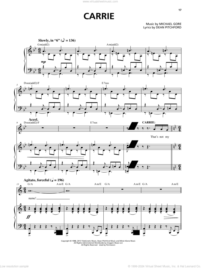 Carrie (from Carrie The Musical) sheet music for voice and piano by Dean Pitchford and Michael Gore, intermediate skill level