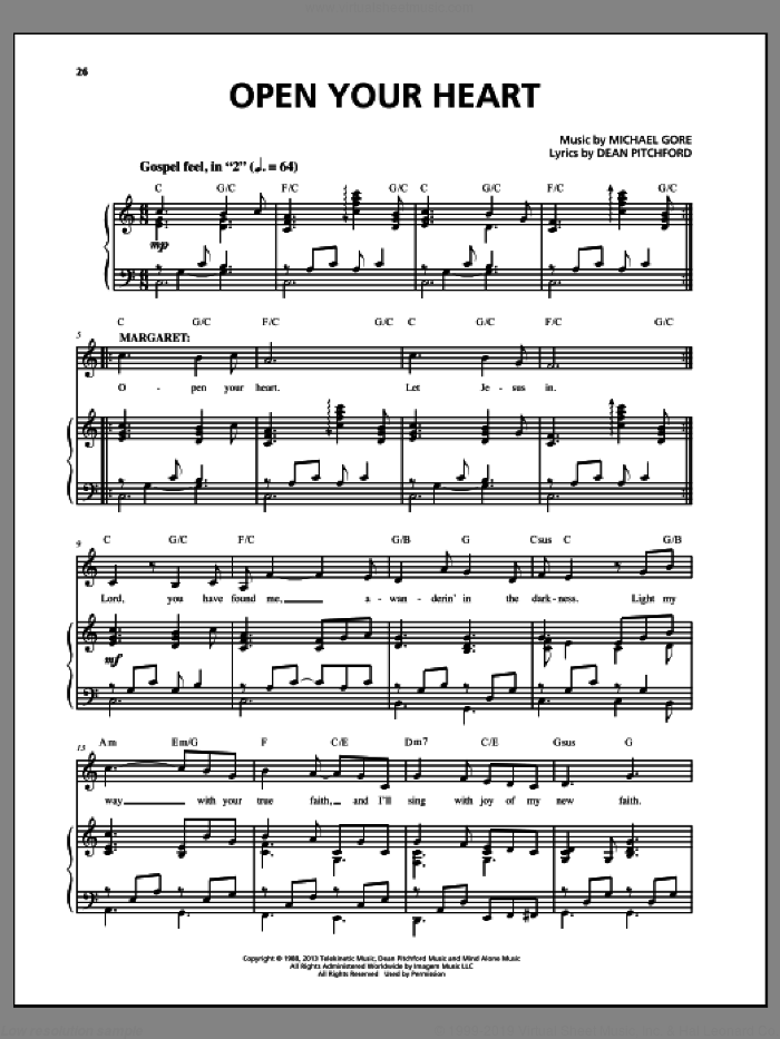 Open Your Heart (from Carrie The Musical) sheet music for voice and piano by Dean Pitchford and Michael Gore, intermediate skill level