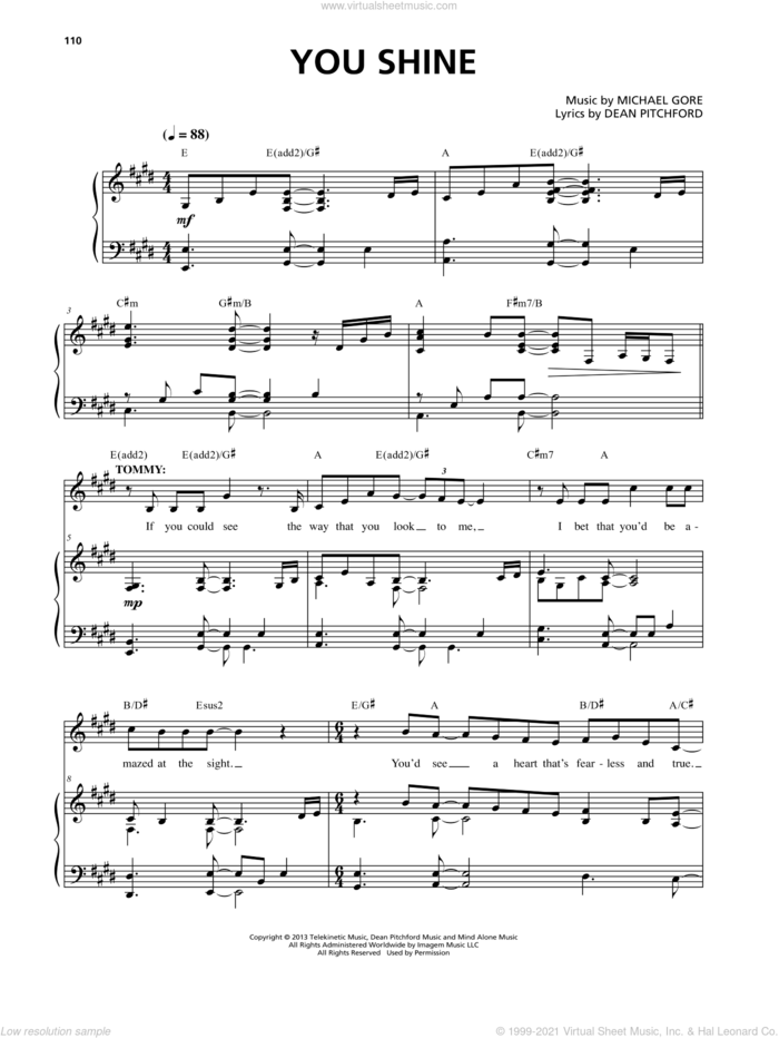 You Shine (from Carrie The Musical) sheet music for voice and piano by Dean Pitchford and Michael Gore, intermediate skill level