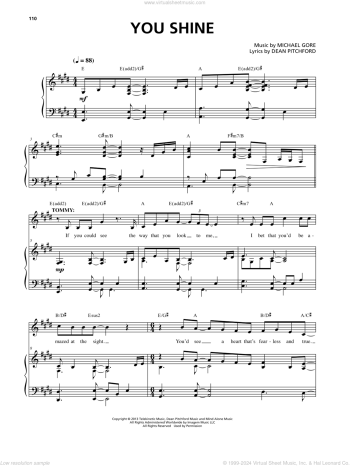 You Shine (from Carrie The Musical) sheet music for voice and piano by Dean Pitchford and Michael Gore, intermediate skill level