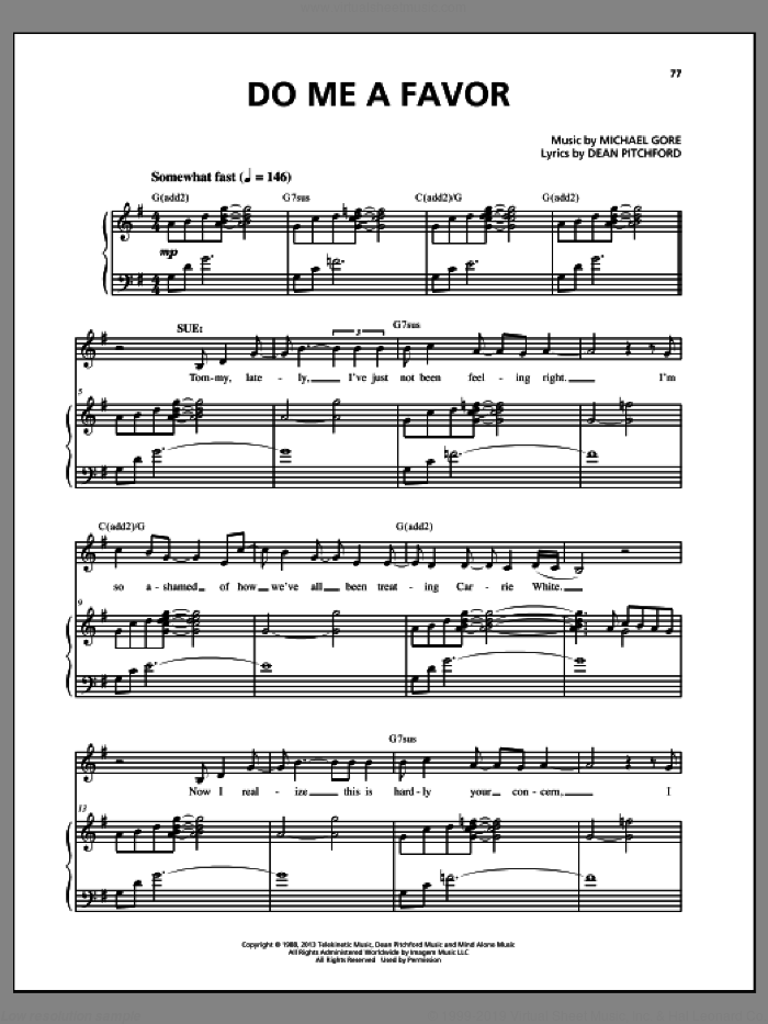 Do Me A Favor (from Carrie The Musical) sheet music for voice and piano by Dean Pitchford and Michael Gore, intermediate skill level