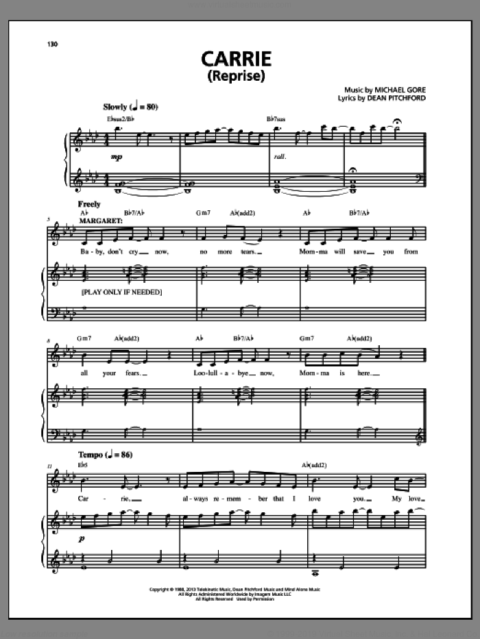 Carrie (Reprise) (from Carrie The Musical) sheet music for voice and piano by Dean Pitchford and Michael Gore, intermediate skill level