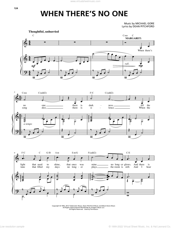 When There's No One (from Carrie The Musical) sheet music for voice and piano by Dean Pitchford and Michael Gore, intermediate skill level