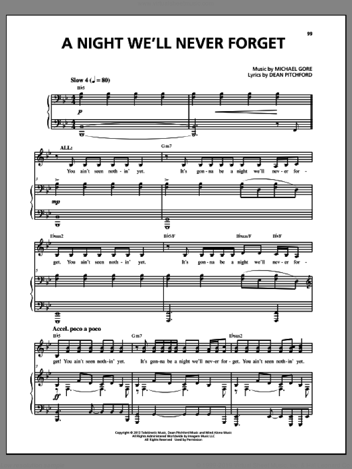 A Night We'll Never Forget (from Carrie The Musical) sheet music for voice and piano by Dean Pitchford and Michael Gore, intermediate skill level