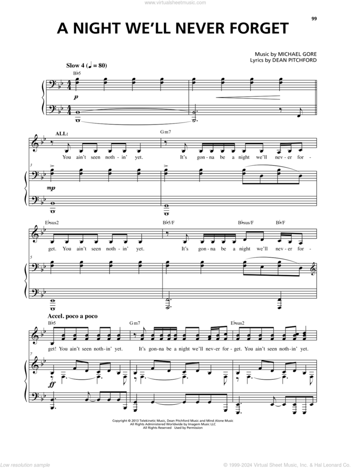 A Night We'll Never Forget (from Carrie The Musical) sheet music for voice and piano by Dean Pitchford and Michael Gore, intermediate skill level