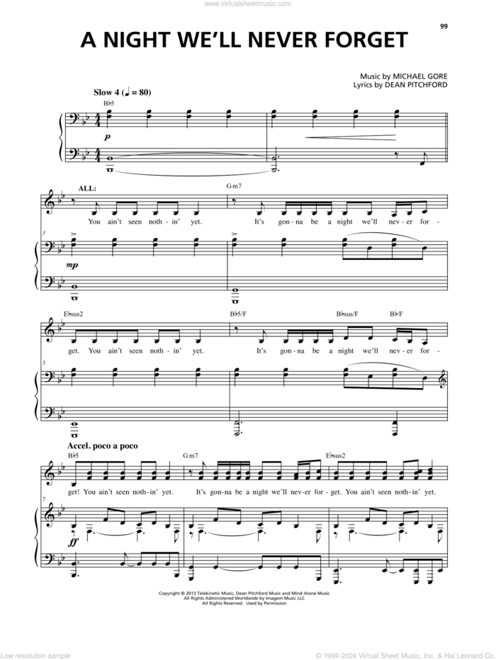 A Night We'll Never Forget (from Carrie The Musical) sheet music for voice and piano by Dean Pitchford and Michael Gore, intermediate skill level