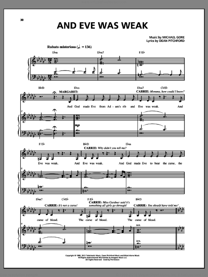 And Eve Was Weak (from Carrie The Musical) sheet music for voice and piano by Dean Pitchford and Michael Gore, intermediate skill level