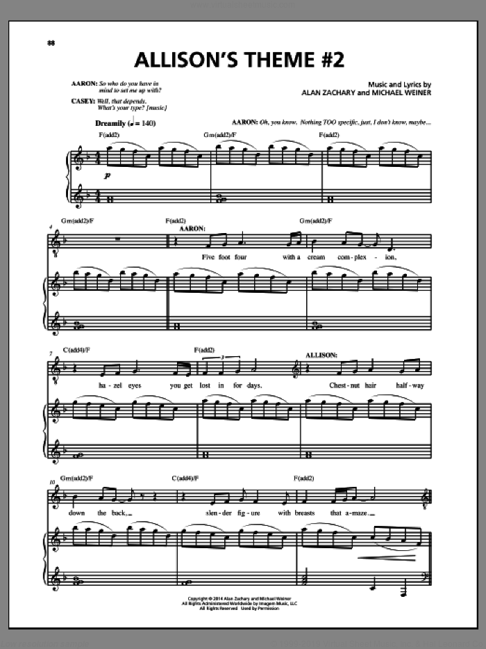 Allison's Theme #2 sheet music for voice and piano by Alan Zachary and Michael Weiner, intermediate skill level