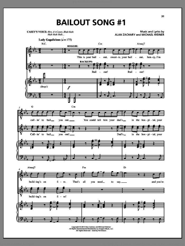Bailout Song #1 sheet music for voice and piano by Alan Zachary and Michael Weiner, intermediate skill level