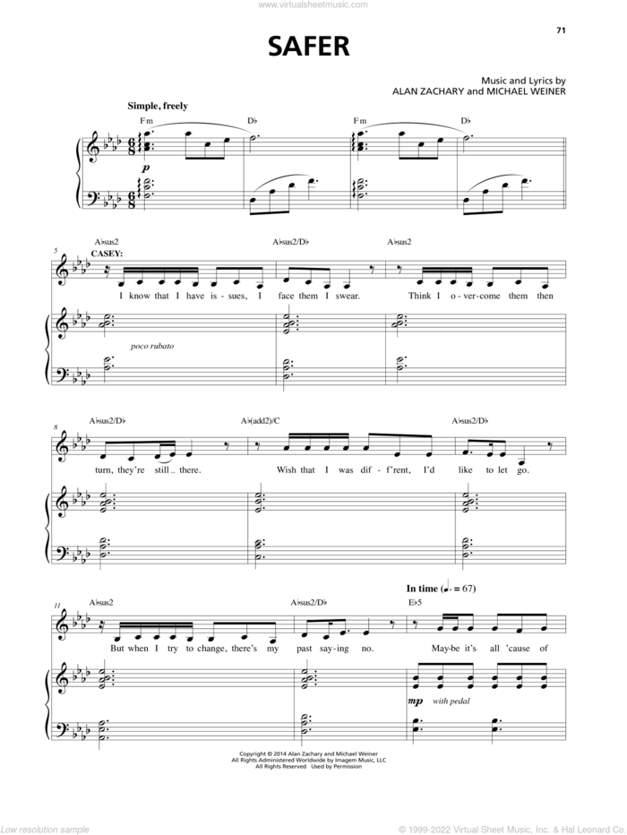 Safer sheet music for voice and piano by Alan Zachary and Michael Weiner, intermediate skill level