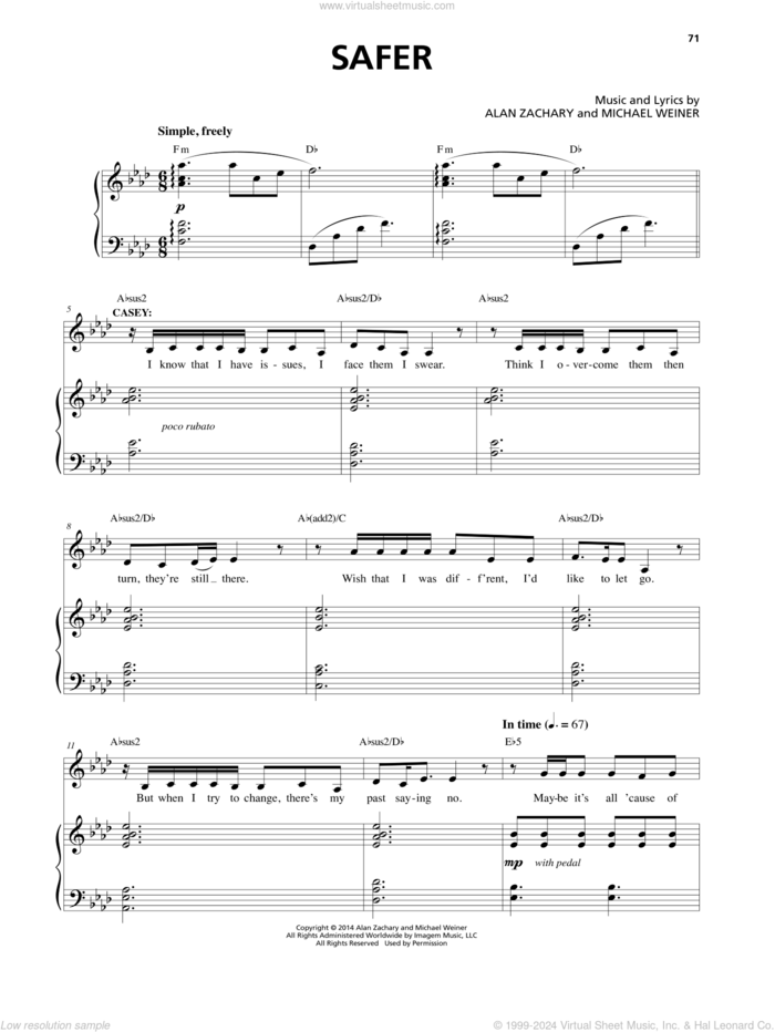 Safer sheet music for voice and piano by Alan Zachary and Michael Weiner, intermediate skill level