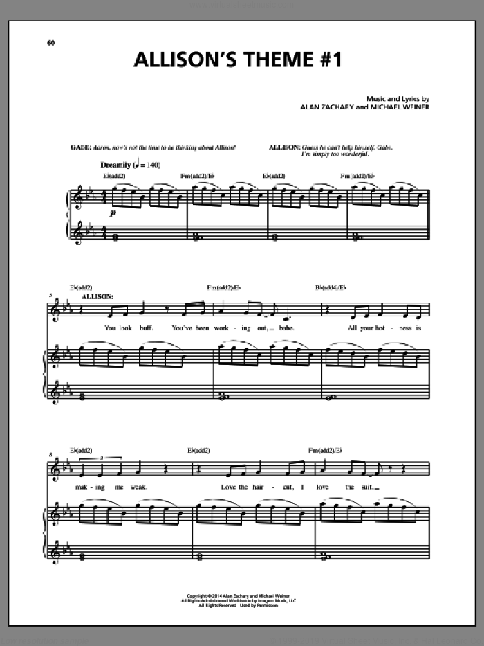 Allison's Theme #1 sheet music for voice and piano by Alan Zachary and Michael Weiner, intermediate skill level