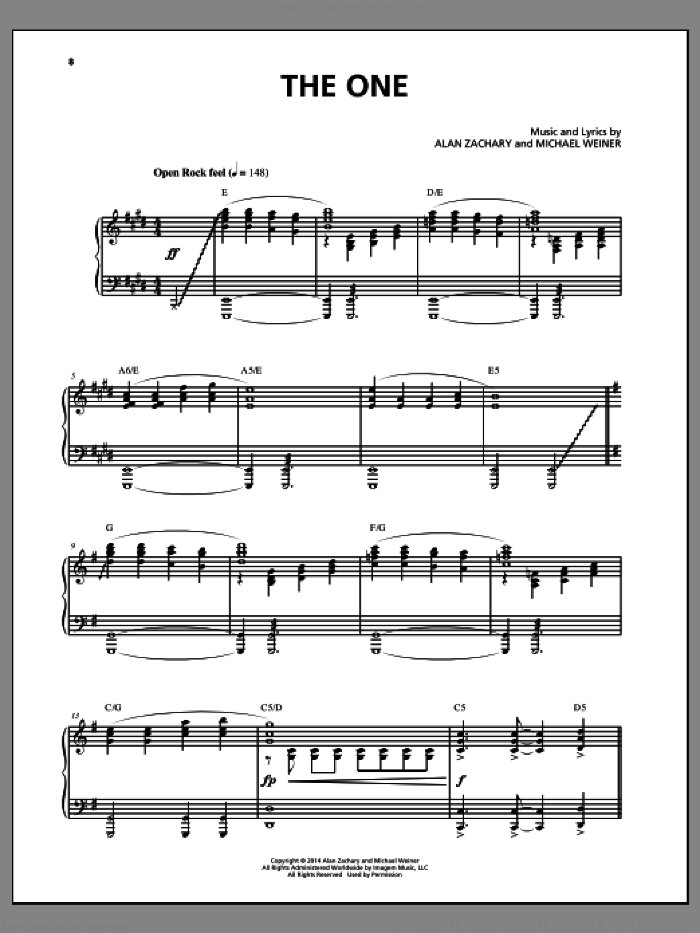The One sheet music for voice and piano by Alan Zachary and Michael Weiner, intermediate skill level