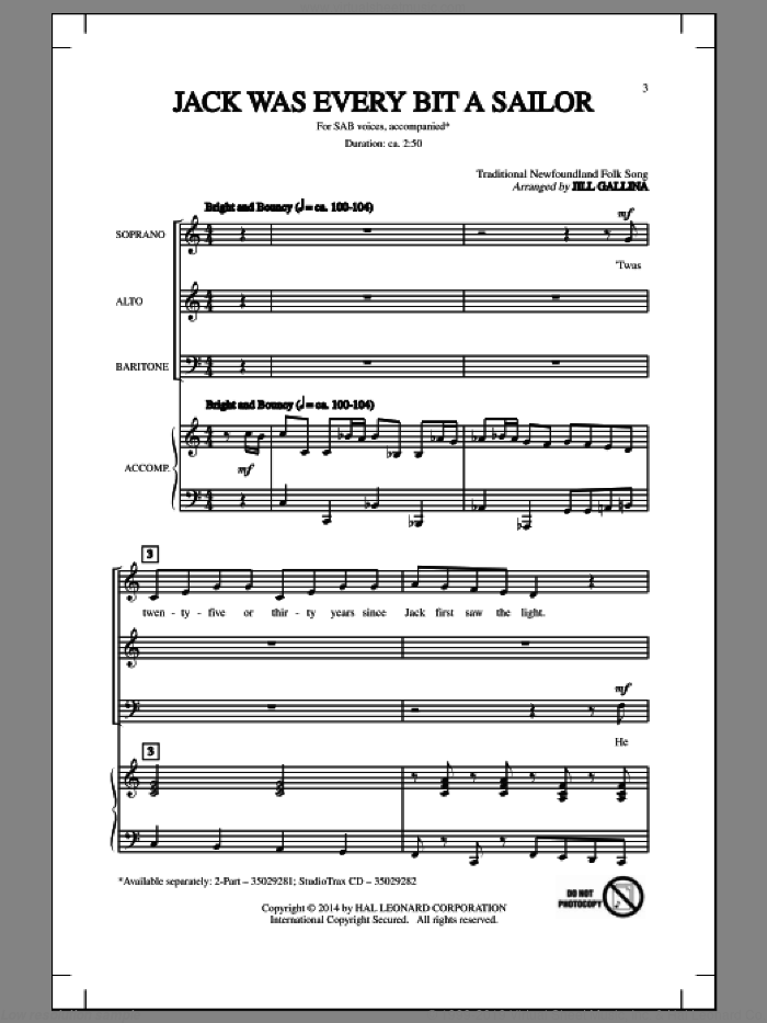 Jack Was Ev'ry Inch A Sailor sheet music for choir (SAB: soprano, alto, bass) by Jill Gallina and Traditional Newfoundland Folk, intermediate skill level