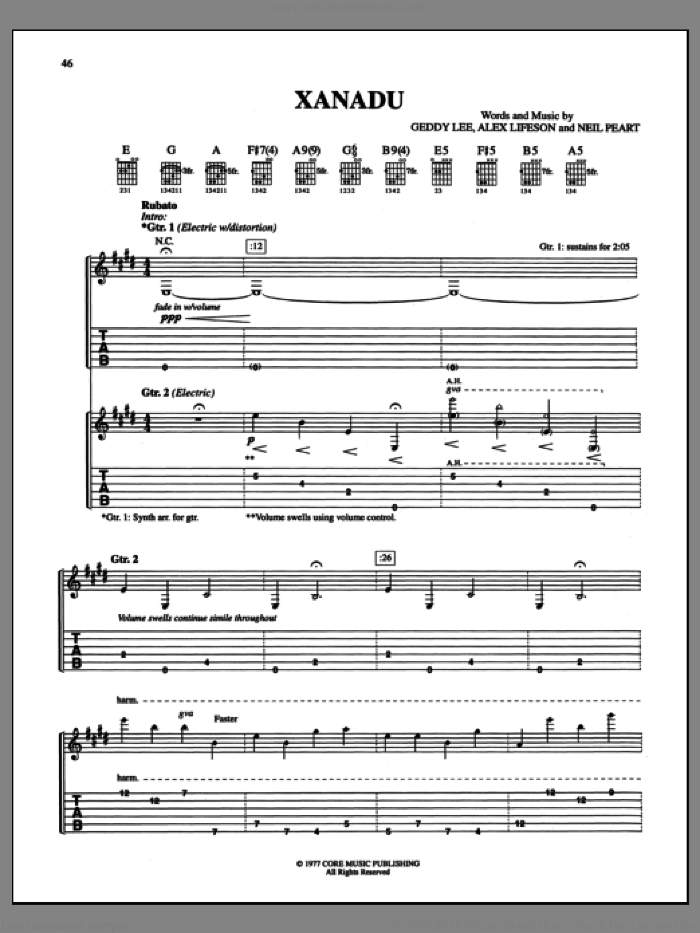 Xanadu sheet music for guitar (tablature) by Rush, Alex Lifeson, Geddy Lee and Neil Peart, intermediate skill level