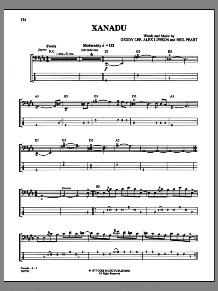 Xanadu sheet music for bass (tablature) (bass guitar) by Rush, Alex Lifeson, Geddy Lee and Neil Peart, intermediate skill level