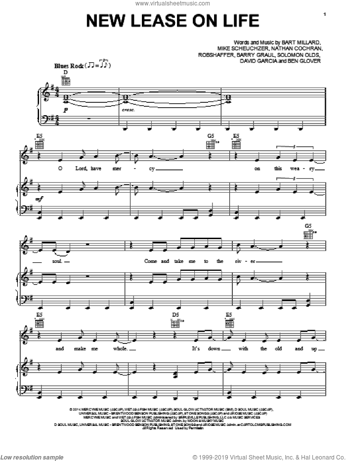 New Lease On Life sheet music for voice, piano or guitar by MercyMe, Barry Graul, Bart Millard, Ben Glover, David Garcia, Mike Scheuchzer, Nathan Cochran, Robshaffer and Solomon Olds, intermediate skill level
