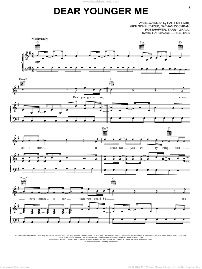 Dear Younger Me sheet music for voice, piano or guitar by MercyMe, Barry Graul, Bart Millard, Ben Glover, David Garcia, Mike Scheuchzer, Nathan Cochran and Robshaffer, intermediate skill level