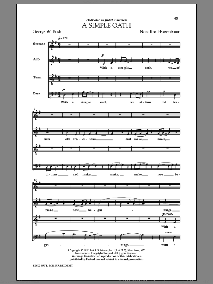 A Simple Oath sheet music for choir by Nora Kroll-Rosenbaum and George W. Bush, intermediate skill level