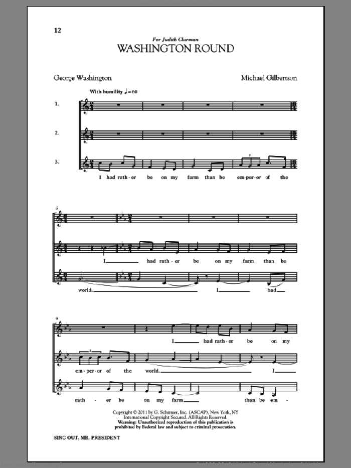 Washington Round sheet music for choir (3-Part) by Michael Gilbertson and George Washington, intermediate skill level