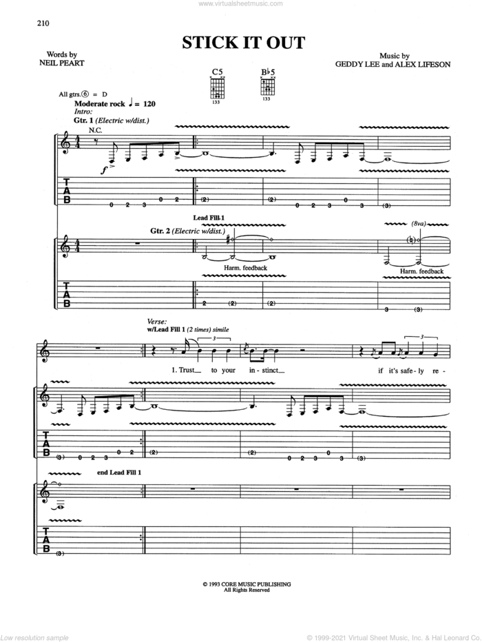 Stick It Out sheet music for guitar (tablature) by Rush, Alex Lifeson, Geddy Lee and Neil Peart, intermediate skill level