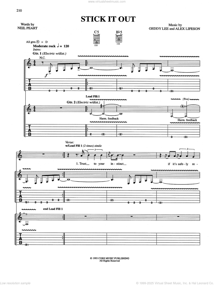 Stick It Out sheet music for guitar (tablature) by Rush, Alex Lifeson, Geddy Lee and Neil Peart, intermediate skill level