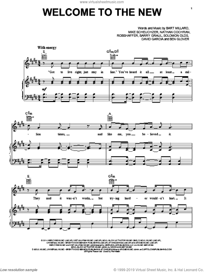 Welcome To The New sheet music for voice, piano or guitar by MercyMe, Barry Graul, Bart Millard, Ben Glover, David Garcia, Mike Scheuchzer, Nathan Cochran, Robshaffer and Solomon Olds, intermediate skill level
