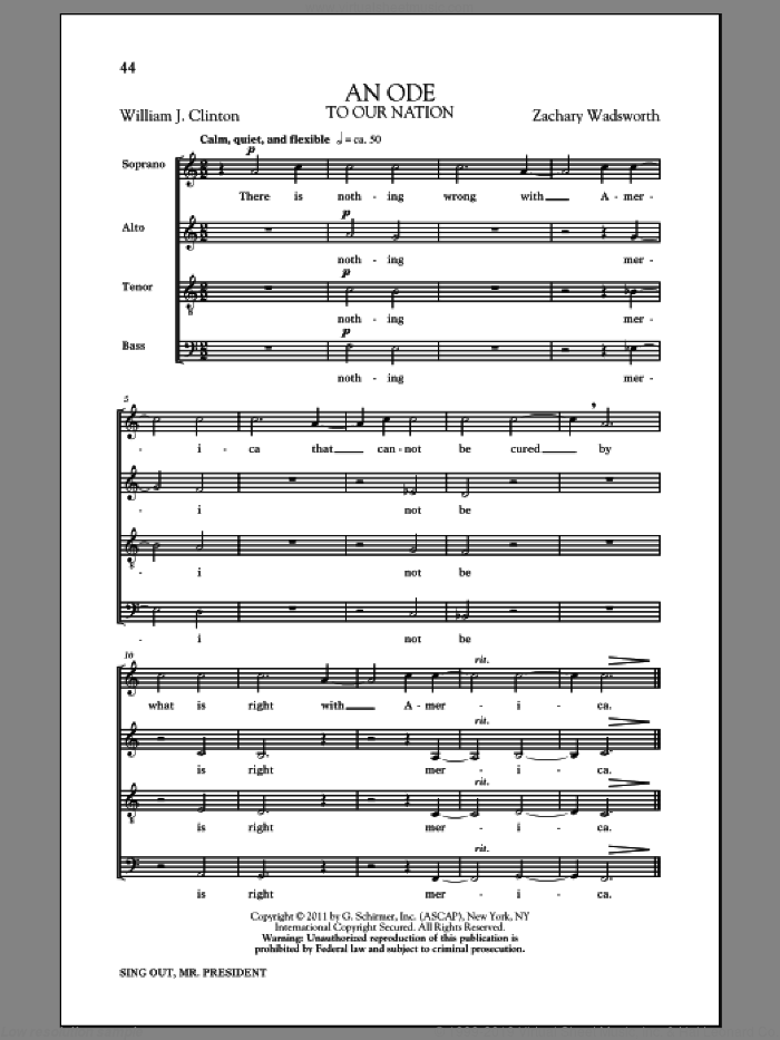 An Ode sheet music for choir (SATB: soprano, alto, tenor, bass) by Zachary Wadsworth and William Jefferson Clinton, intermediate skill level