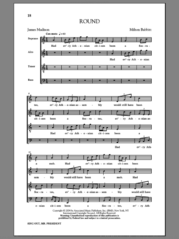Round sheet music for choir (SATB: soprano, alto, tenor, bass) by Milton Babbitt and James Madison, intermediate skill level