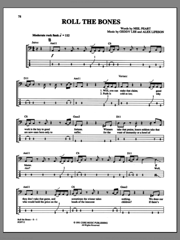 Roll The Bones sheet music for bass (tablature) (bass guitar) by Rush, Alex Lifeson, Geddy Lee and Neil Peart, intermediate skill level