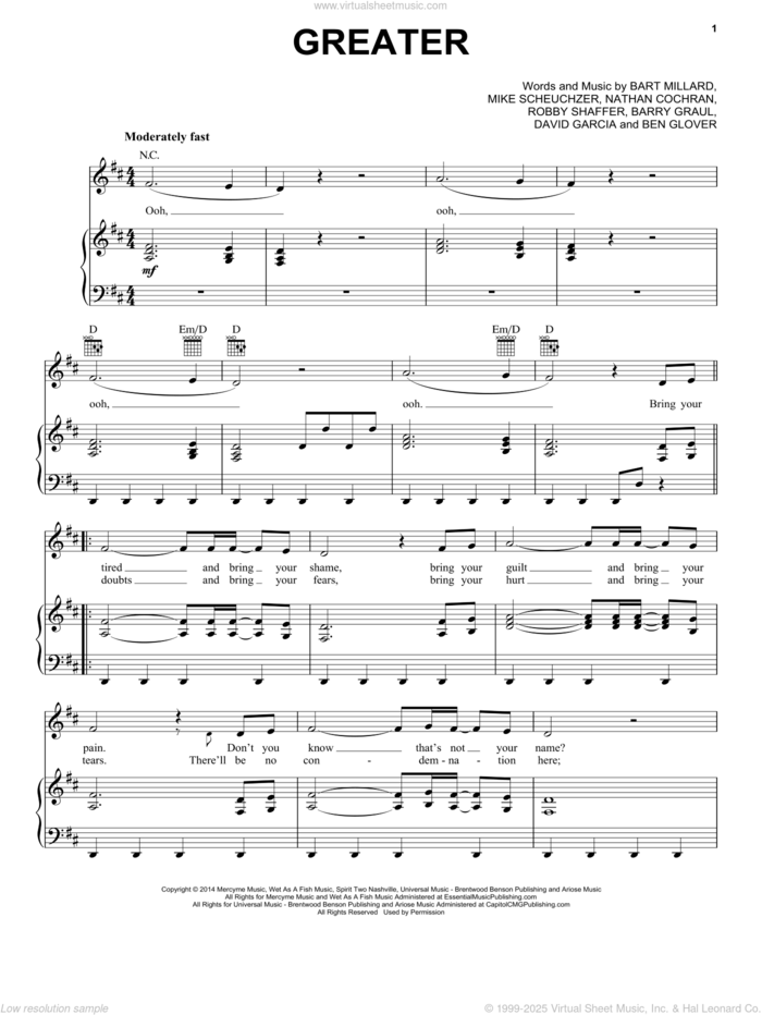 Greater sheet music for voice, piano or guitar by MercyMe, Barry Graul, Bart Millard, Ben Glover, David Garcia, Mike Scheuchzer, Nathan Cochran and Robshaffer, intermediate skill level