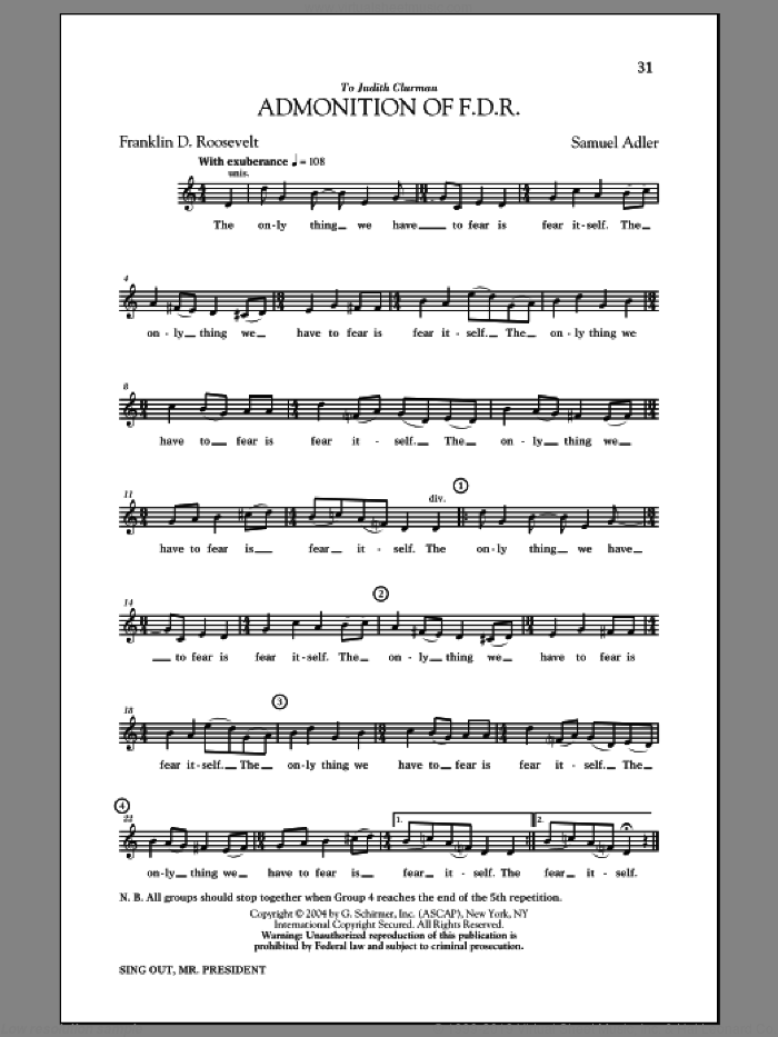 Admonition Of FDR sheet music for choir by Samuel Adler and Franklin Delano Roosevelt, intermediate skill level