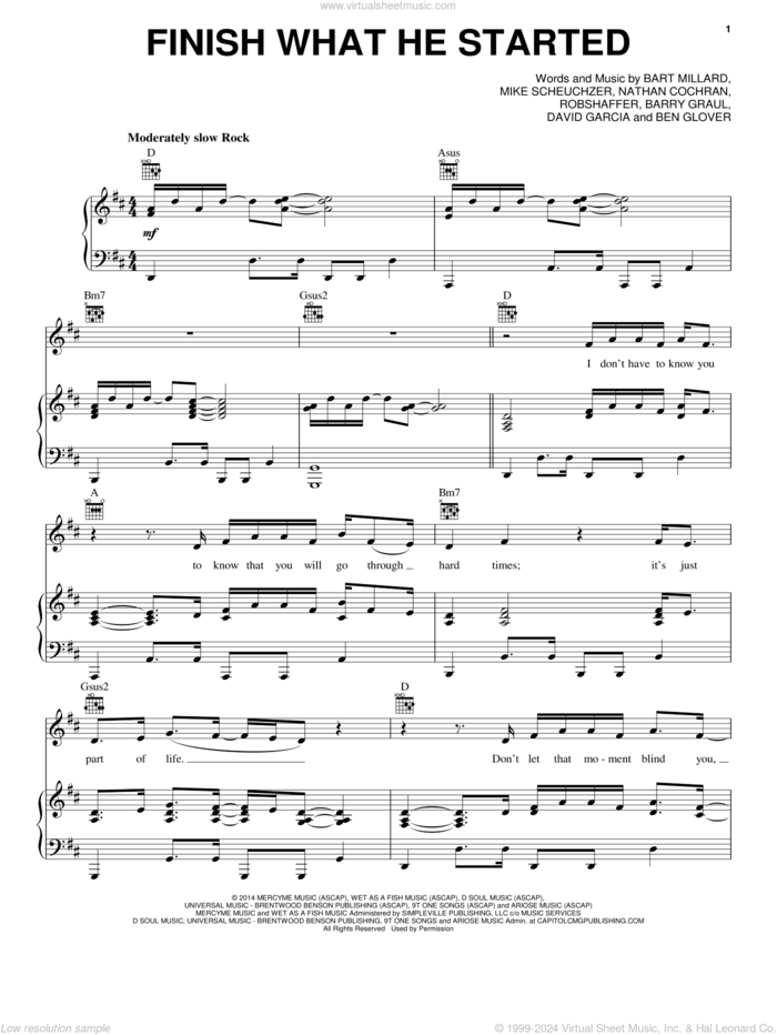 Finish What He Started sheet music for voice, piano or guitar by MercyMe, Barry Graul, Bart Millard, Ben Glover, David Garcia, Mike Scheuchzer, Nathan Cochran and Robshaffer, intermediate skill level