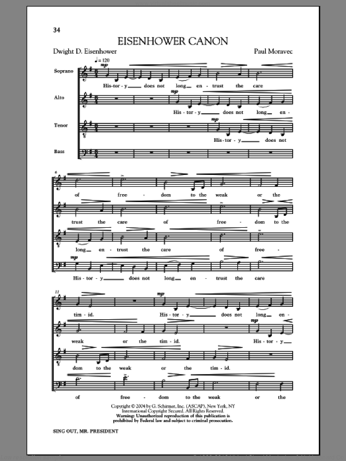 Eisenhower Round sheet music for choir (SATB: soprano, alto, tenor, bass) by Paul Moravec and Dwight David Eisenhower, intermediate skill level