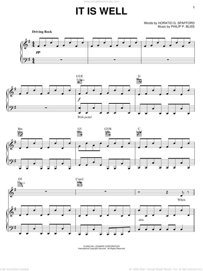 It Is Well With My Soul sheet music for voice, piano or guitar by Rebecca St. James, Mahalia Jackson, Horatio G. Spafford and Philip P. Bliss, intermediate skill level