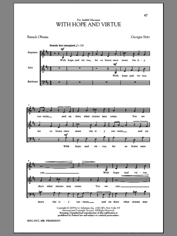 With Hope And Virtue sheet music for choir (SAB: soprano, alto, bass) by Georgia Stitt and Barack Obama, intermediate skill level