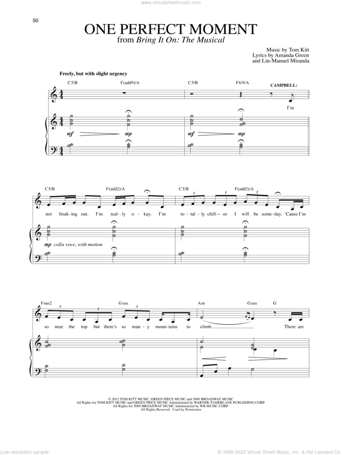 One Perfect Moment (from Bring It On: The Musical) sheet music for voice and piano by Lin-Manuel Miranda, Amanda Green and Tom Kitt, intermediate skill level