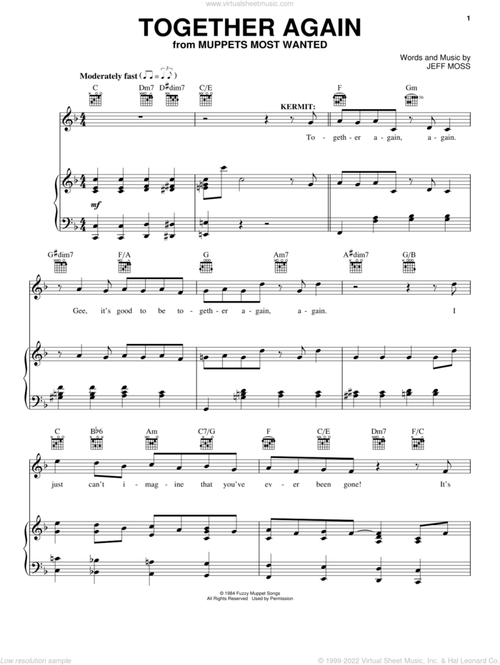 Together Again sheet music for voice, piano or guitar by Jeff Moss, intermediate skill level