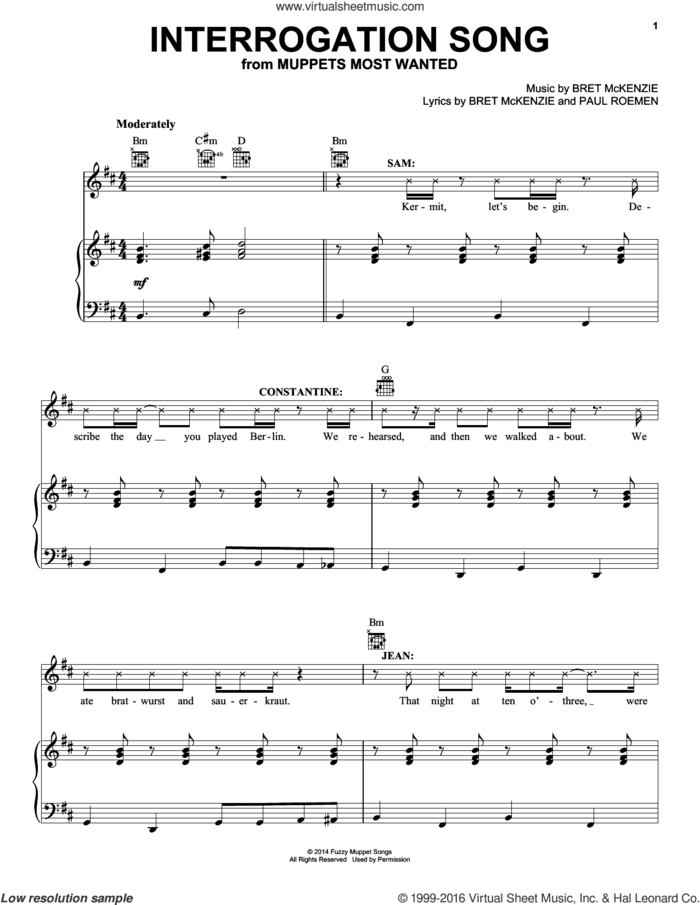 Interrogation Song (from Muppets Most Wanted) sheet music for voice, piano or guitar by Bret McKenzie and Paul Reomen, intermediate skill level