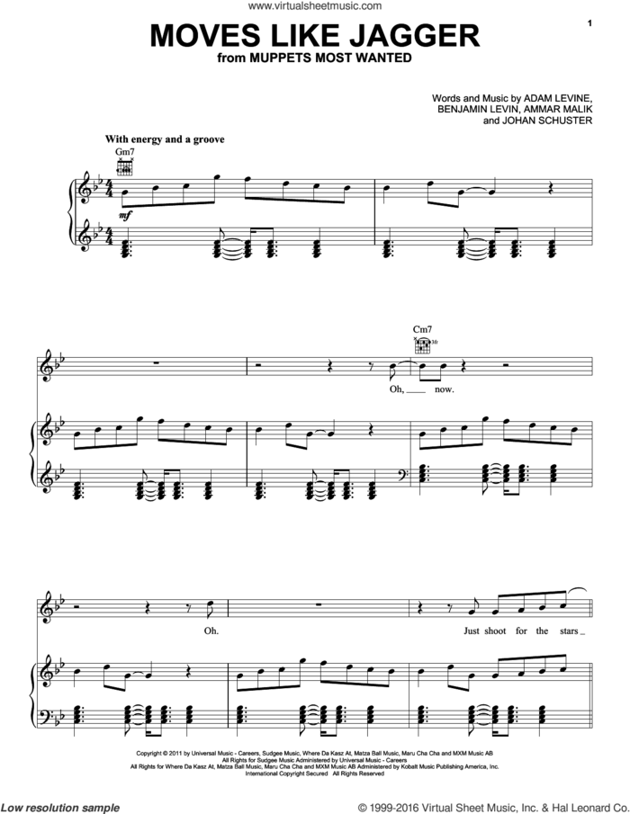 Moves Like Jagger sheet music for voice, piano or guitar by Maroon 5 featuring Christina Aguilera, Adam Levine, Ammar Malk, Benjamin Levin and Johan Schuster, intermediate skill level