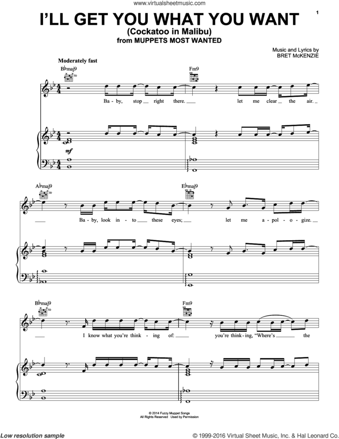 I'll Get You What You Want (Cockatoo In Malibu) (from Muppets Most Wanted) sheet music for voice, piano or guitar by Bret McKenzie, intermediate skill level