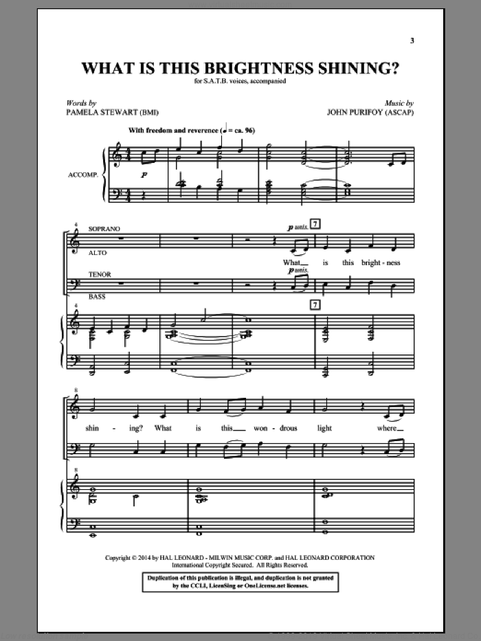 What Is This Brightness Shining? sheet music for choir (SATB: soprano, alto, tenor, bass) by John Purifoy and Pamela Stewart, intermediate skill level