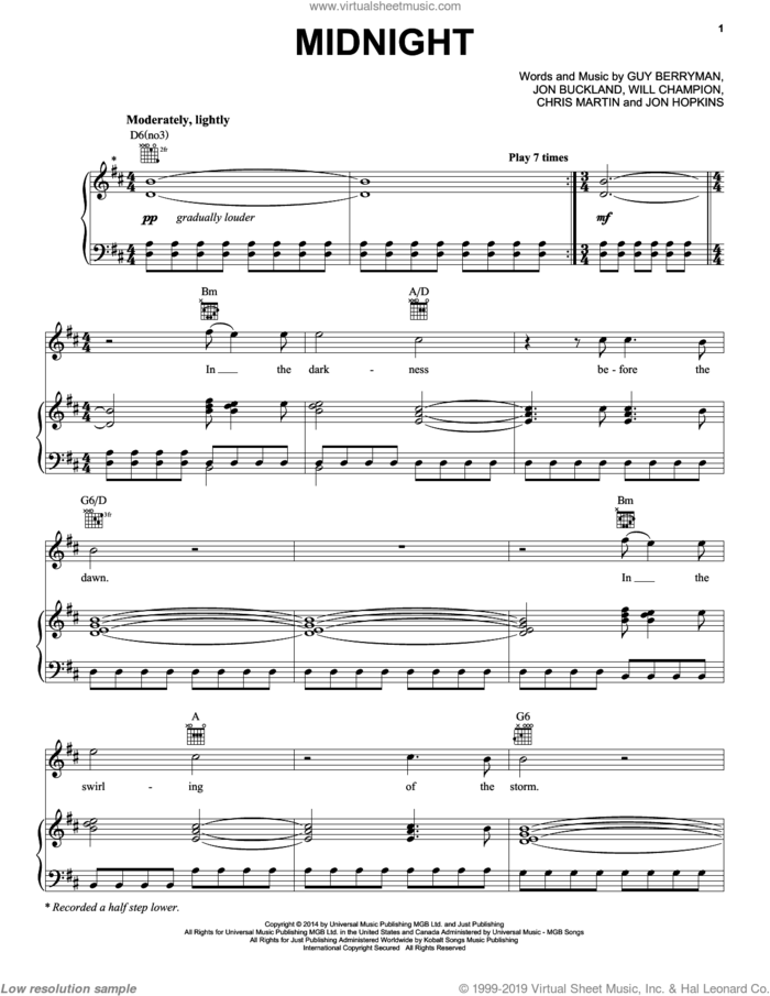 Midnight sheet music for voice, piano or guitar by Coldplay, Chris Martin, Guy Berryman, Jon Buckland, Jon Hopkins and Will Champion, intermediate skill level