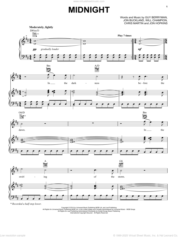 Midnight sheet music for voice, piano or guitar by Coldplay, Chris Martin, Guy Berryman, Jon Buckland, Jon Hopkins and Will Champion, intermediate skill level