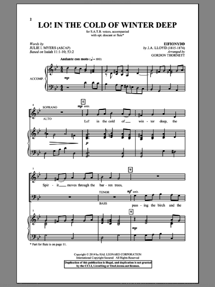 Lo! In The Cold Winter Deep sheet music for choir (SATB: soprano, alto, tenor, bass) by Julie I. Myers, J.A. Lloyd and Gordon Thornett, intermediate skill level