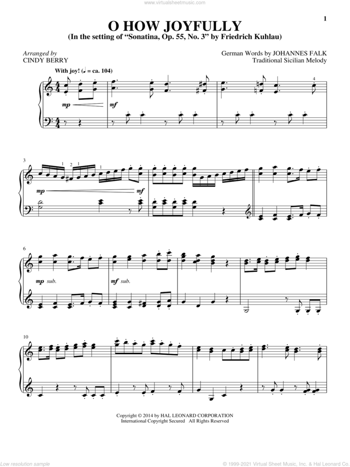 O How Joyfully sheet music for piano solo by Cindy Berry, Johannes Falk and Traditional Latin Melody, intermediate skill level