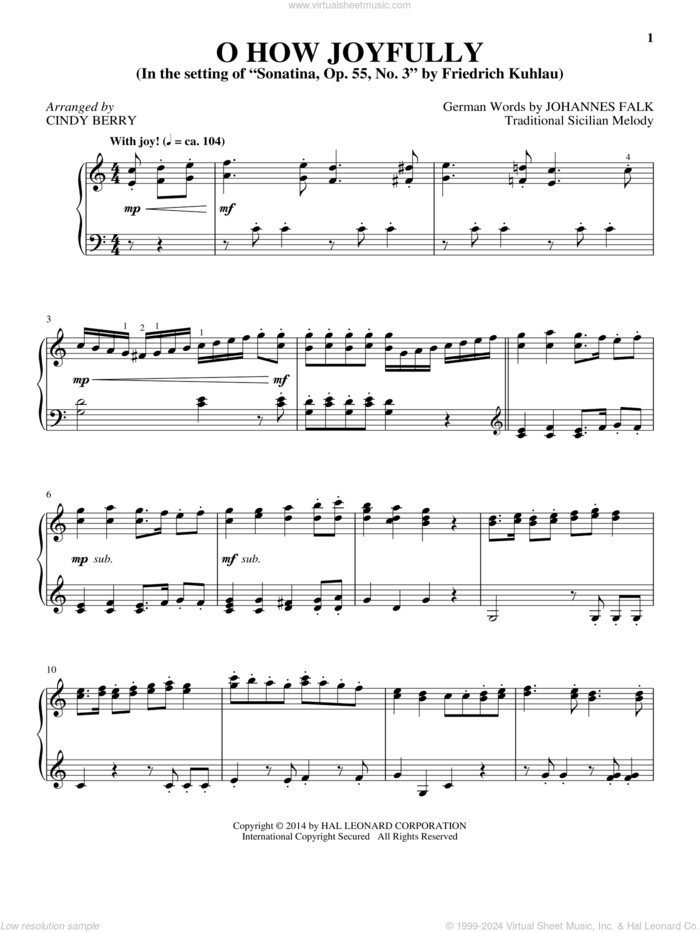 O How Joyfully sheet music for piano solo by Cindy Berry, Johannes Falk and Traditional Latin Melody, intermediate skill level