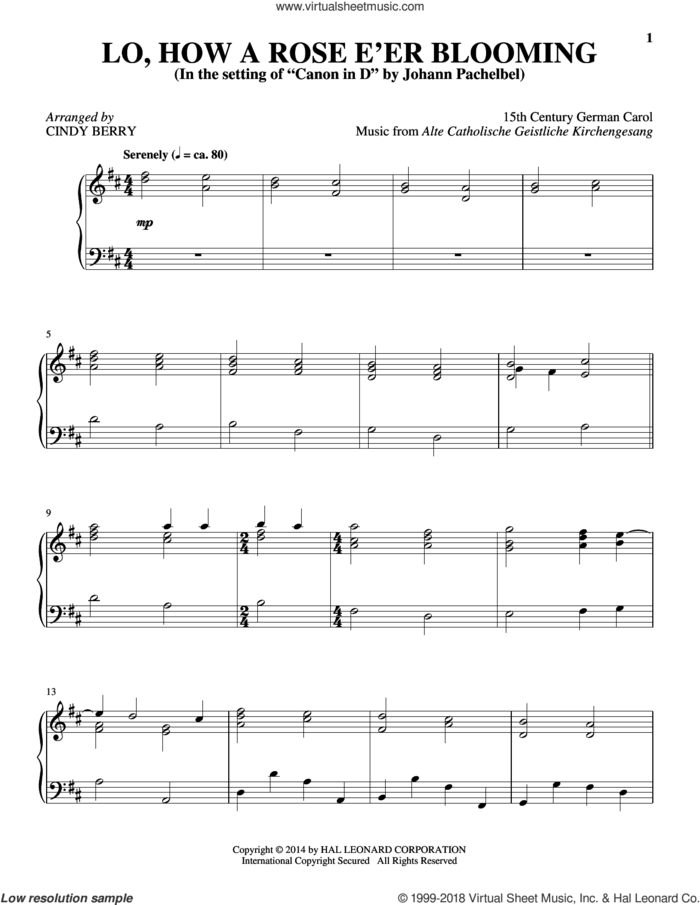 Lo, How A Rose E'er Blooming sheet music for piano solo by Cindy Berry, 15th Century German Carol, Alte Catholische Geistliche Ki and Theodore Baker, intermediate skill level
